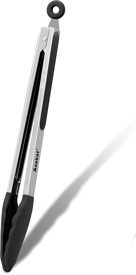 Anaeat Non-Stick Silicone Locking Tong - Stainless Steel 12" Kitchen Food Tongs with Non-Slip Silicone Tips and Grip for Cooking, Baking and BBQ - Heat Resistant up to 480°F (Black)