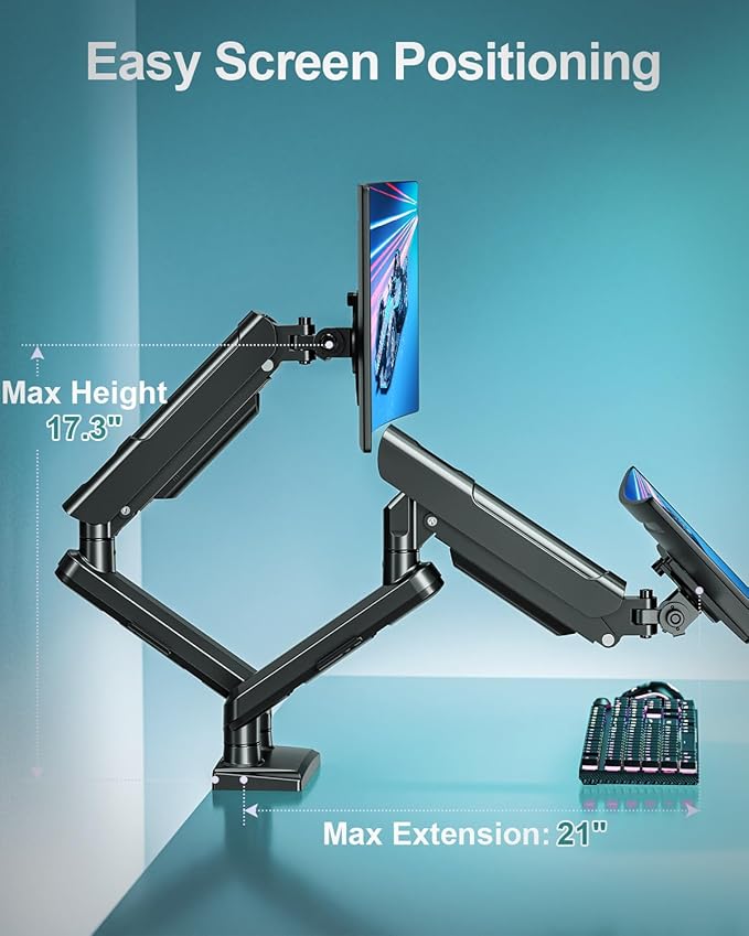 Dual Monitor Mount for 2 Monitors up to 32 inches, Height Adjustable Gas Spring Double Computer Stand, Two Display Desk Mount Holder, Each Monitor Arm Holds Max 22lbs, VESA Mount, Black, Freelift Pro