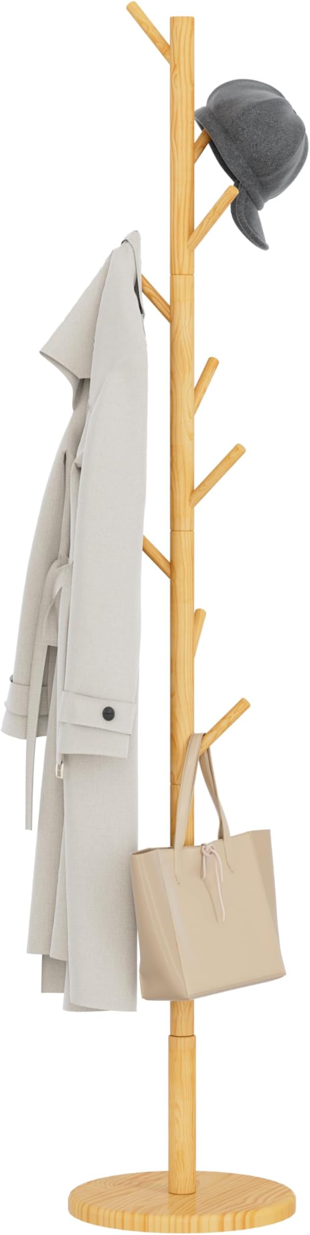Wooden Coat Rack Freestanding with Round Base, Adjustable 4 Heights Sturdy Coat Hanger Stand 9 Hooks for Hanging Bags, Hats, Save Space Coat Tree for Narrow Place, Entryway, Bedroom, Office (Natural)