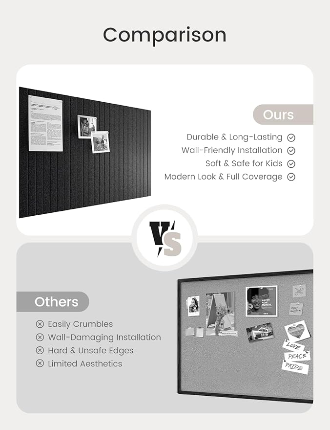 Bumusty Large Cork Board Alternative-36 x24 Felt Bulletin Board Tiles, with 30 Pushpins, 40 Adhesive Tabs, 6-Pack Slat Wall Paneling, Cork Boards for Office Push Pin Board Felt Board-Black