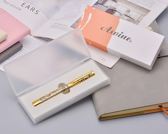 Asvine V169 Vacuum Filling Fountain Pen Fine Nib, Water Drop Skeleton Gold Trim Transparent Clear Acrylic Pen Case Set