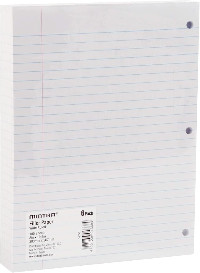 Mintra Office Filler Paper (Wide Ruled, 600 Sheets (6pks of 100))