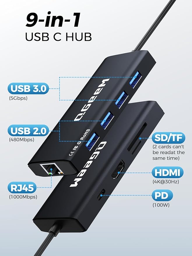 QGeeM USB C Hub Ethernet,9 in 1 USB Type C Hub HDMI Multi-Port Converter Adapter,100W Pd, USB 3.0,SD/TF Card Reader,Compatible for MacBook Pro Air Ipad HP Dell Lenovo Chromebook etc.-Black