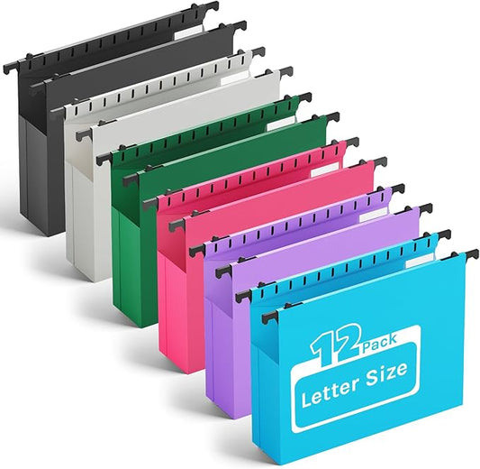 Plastic Hanging File Folders Letter Size,12 Pack Reinforced Expanding Hang Folder,Accordian Pocket,Extra Capacity,Heavy Duty 2 Inch Expansion,Hanging Folder Organizer for Office Home,Colored Folders