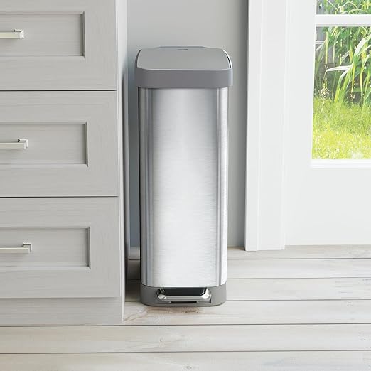 Glad Slim Trash Can with Clorox Odor Protection - Narrow Kitchen Garbage Bin with Soft Close Lid, Step On Foot Pedal and Waste Bag Roll Holder, All Stainless, 45 Liter