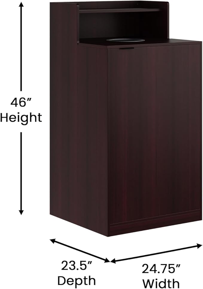Flash Furniture Dell Trash Can Enclosure with Tray Shelf and 8" Drop Hole, Commercial Grade Trash Receptacle for 32 Gallon Round Cans, Swing Door Access, Mahogany