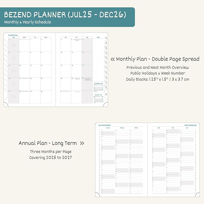 BEZEND Planner 2025-2026 Weekly and Monthly, 5.8" x 8.5" Academic Calendar (Jul 25-Dec 26) Vertical Daily Appointment with Hourly Timeslot & Monthly Tab, PU Leather Hardcover - Kiwi