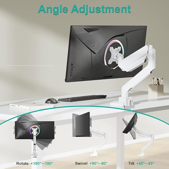 WALI Ultrawide Monitor Arm for 13 to 49 Inch Heavy Duty Curved Screens, Adjustable Gas Spring Single Monitor Desk Mount with 2 USB 3.0 Ports, Holds 33 lbs, 75x75/100x100 VESA, White (GSMU001-W)