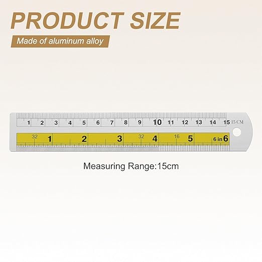 HARFINGTON 4pcs Metal Straight Ruler 15cm Metric SAE Aluminum Alloy Measuring Rulers Scale Tool with Hole for Measure Study Reading Classroom Office, Yellow