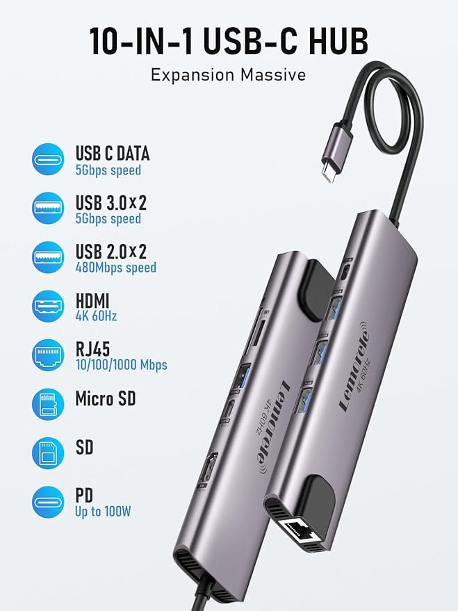 Lemorele USB C Hub Multiport Adapter 10-in-1 for MacBook Pro with HDMI 4K 60Hz, Gigabit Ethernet, 100W Power Delivery, 2 USB 3.0 Ports, SD/TF Card Reader, for HP/Dell/Lenovo Laptops