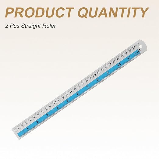 HARFINGTON 2pcs Metal Straight Ruler 30cm Metric SAE Aluminum Alloy Measuring Rulers Scale Tools with Hole for Measure Study Reading Classroom Office, Blue