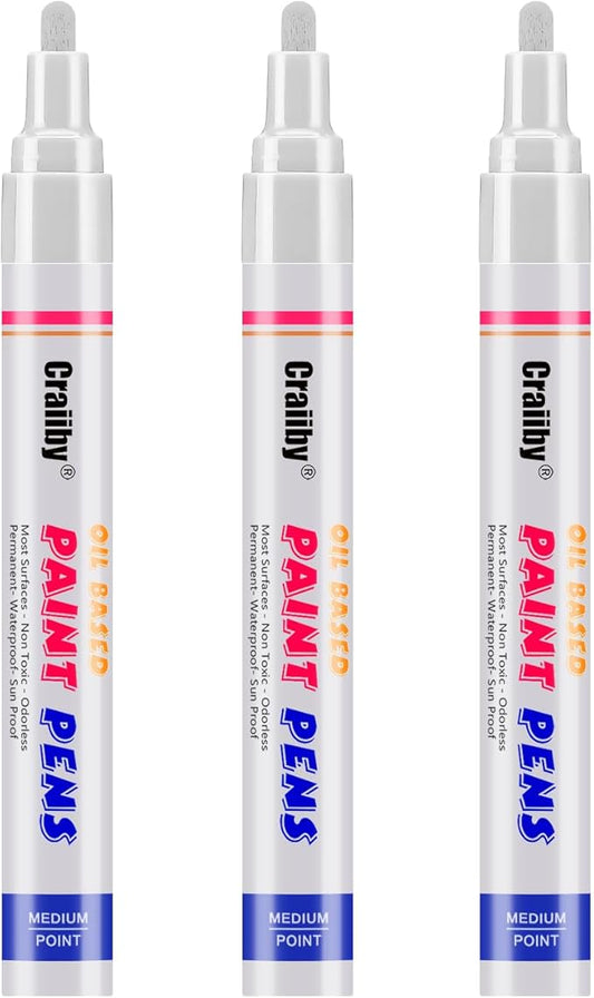 White Paint Markers, 3 Pack Oil-Based Waterproof Quick Dry Permanent Paint Pen Set for Rocks Painting, Wood, Fabric, Plastic, Canvas, Glass, Mugs, Metal, Tire, Stone, DIY Craft