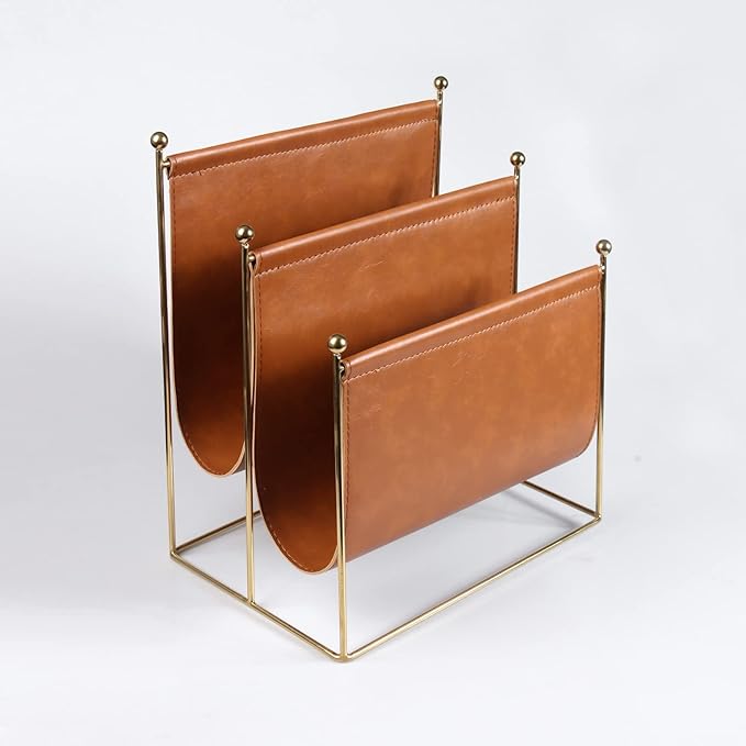 Plated Metal Wire and Leatherette Magazine Holder Rack, 2-Slot Standing Rack for Magazines, Books, Newspapers, Home Staging Decoration