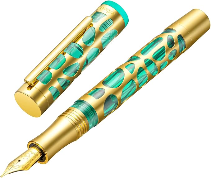 Asvine V169 Vacuum Filling Fountain Pen Iridium Medium Nib, Water Drop Skeleton Gold Trim Transparent Green Acrylic Pen Case Set