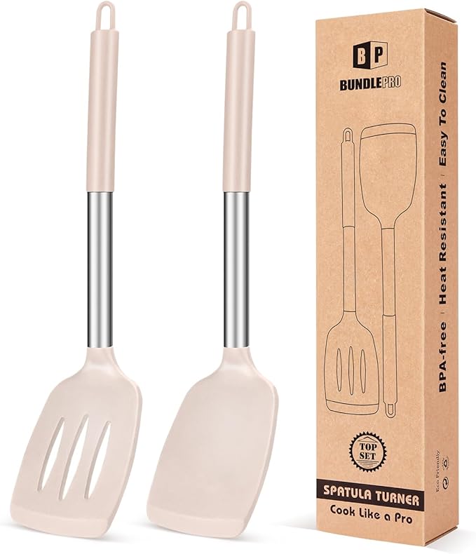 Pack of 2 Silicone Solid Turner, Non Stick Slotted Kitchen Spatulas, High Heat Resistant BPA Free Cooking Utensils, Ideal Cookware for Fish, Eggs, Pancakes(Stainless Steel Khaki)