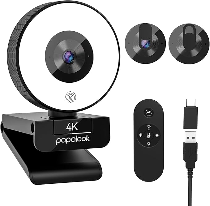 papalook 4K Autofocus Webcam with Light, UHD Web Camera with Remote Control and Dual Noise-Cancelling Mics, Plug and Play USB Webcams for PC Laptop Zoom Skype Teams Google Meet