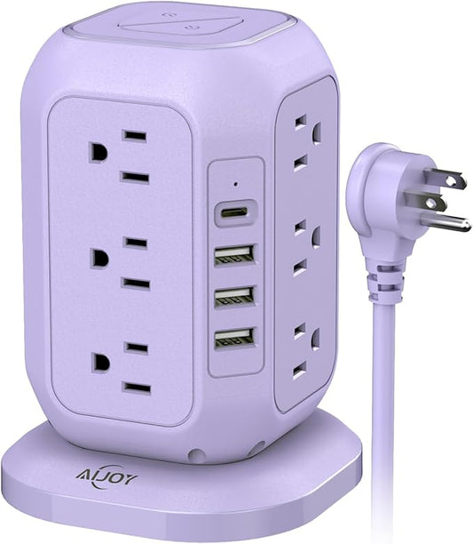 USB C Power Strip Tower, Surge Protector with 12 AC Outlet and 4 USB Ports, AiJoy 10 FT Extension Cord, 1200J Power Strip Surge Protector, USB Charging Station, Office Supplies, Dorm Essentials, Woman