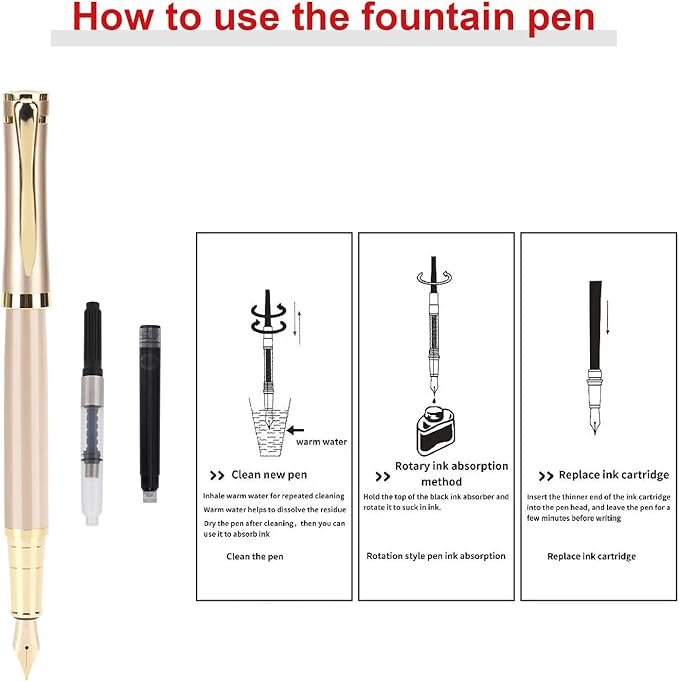 Cheericome Fountain Pen Set - Luxury Writing Instrument for Men & Women - Fine Nib With 10 Ink Cartridges and Refill Converter - Gold