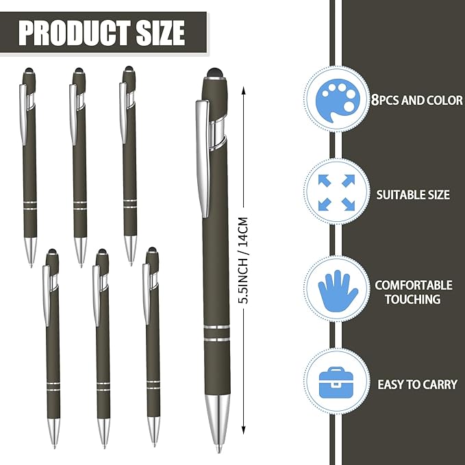 8 Pcs Blue Ink Ballpoint Pen with Stylus Tip 2 in 1 Stylus Ballpoint Pen Metal Pens Stylus Pen for Touch Screens School Office Coworkers (Coffee)