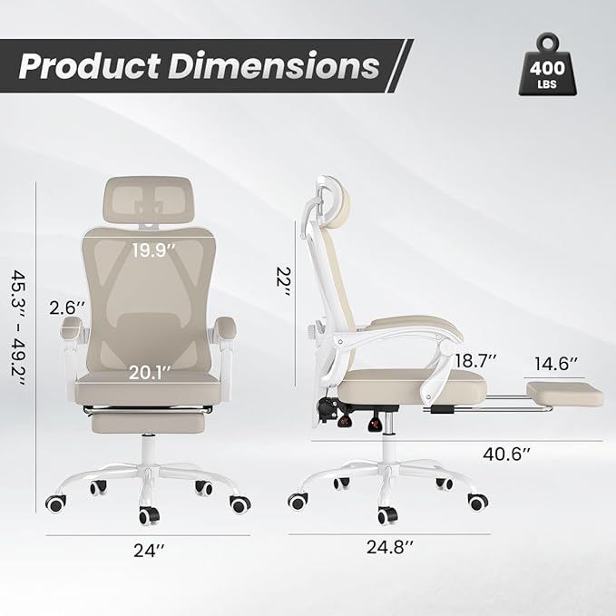 Farini Ergonomic Office Chair with Footrest, Mesh Office Desk Chair with Headrest, High Back Computer Chair with Adjustable Lumbar Support for Home Office Study Room Bedroom, White & Kakhi