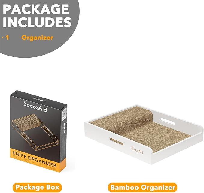 SpaceAid Large Knife Drawer Organizer Bamboo Insert Dock, Kitchen Steak Knives Holder Organizers Block for Drawer in Storage Organization (Large, White)