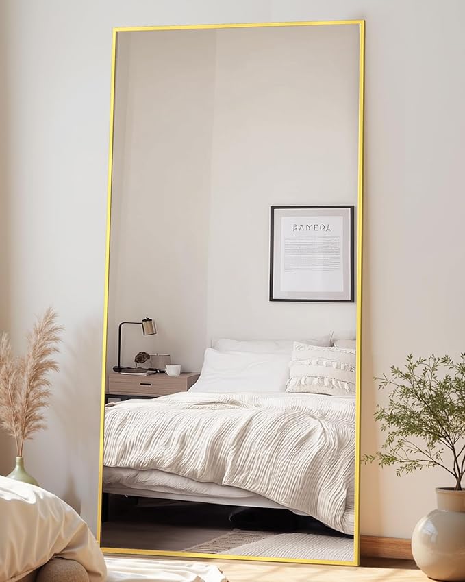 Full-Length Floor Mirror with Stand, 71"x32" Rectangle Style Full Body Standing Mirror for Bedroom, Living Room, Gym, Dorm - Shatter-Resistant & Easy Assembly, Gold