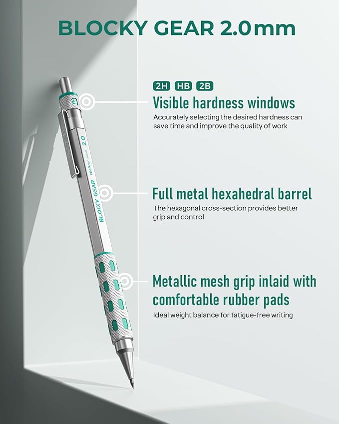 Nicpro Blocky Gear 2mm Metal Mechanical Pencils Set with Case, Drafting Pencil with 6 Tubes 2mm Lead Refill (HB 2B 2H 4B 4H & Colors) Sharpeners, Erasers for Artist Art Writing Drafting Drawing