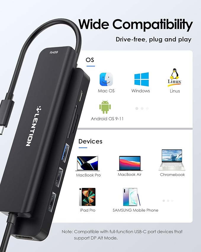 LENTION USB C Hub with 100W Charging, 4K@60Hz HDMI, Dual Card Reader, USB 3.0 & 2.0 Compatible 2024-2016 MacBook Pro, New Mac Air/Surface, Chromebook, More, Stable Driver Adapter (CB-CE18p.Black)