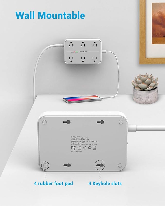 Power Strip Surge Protector Plug, TESSAN 15 FT Extension Cord with Multiple Outlets, 1080J Protection, 6 AC Outlets 3 USB Ports (3 USB A), Wall Mount for Home Office School Dorm Room Supplies