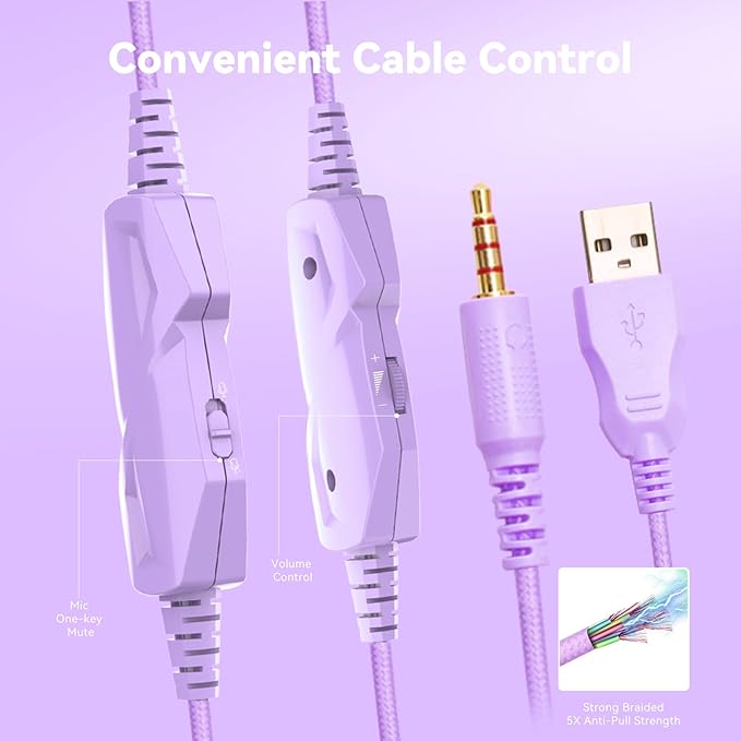 Gaming Headset with Microphone for Pc, Xbox One Series X/s, Ps4, Ps5, Switch, Stereo Wired Noise Cancelling Over-Ear Headphones with Mic, RGB, for Computer, Laptop, Mac, Nintendo (White Purple)