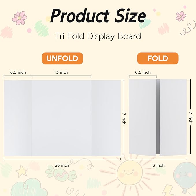 12 Pack Trifold Poster Board, 17x26 Inches White Presentation Board, Portable Display Board for Science Fair, School DIY Project and Business Exhibitions