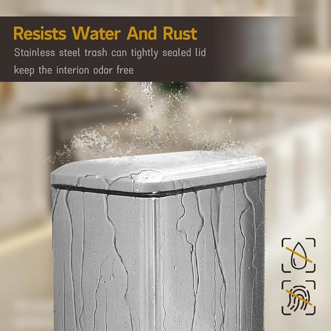 Bathroom Trash Can, 10 Liter / 2.6 Gallon Stainless Steel Garbage Can with Removable Inner Bucket, Soft Close Lid Step Trash Bin for Bedroom, Office, Kitchen, Brushed Silver