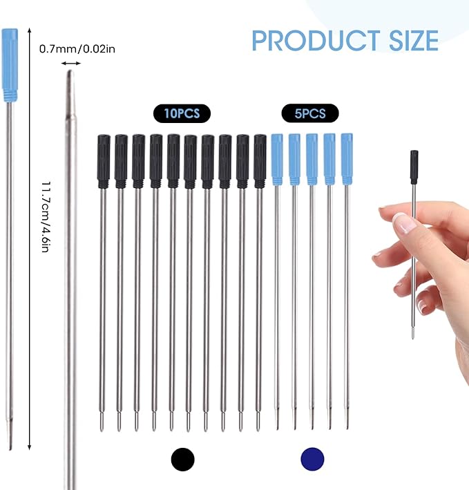 0.7 mm Ballpoint Ink Twist Pen Refills, 15 Pcs Medium Point Metal Smooth Writing Replaceable Ink Refill, Stationery Compatible for Cross Ballpoint Replacement (4.6in M) (Black+Blue, 15)