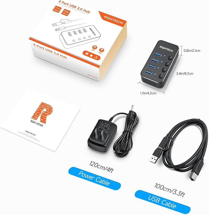 USB 3.0 Hub RSHTECH 4 Port Powered USB 3.0/USB C Hub Upgraded Version with 2-in-1 3.3ft USB Cable,5V Power Adapter and Individual Switches, Portable Aluminum USB Splitter for Laptop and PC, RSH-ST04