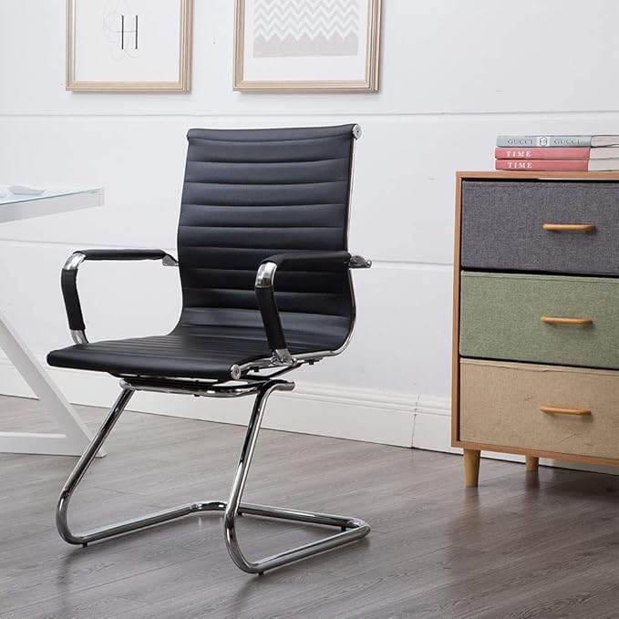 Black Office Desk Chair No Wheels Set of 4 PU Leather Computer Chairs Mid Back Guest Chairs for School Reception Conference Waiting Room, Black