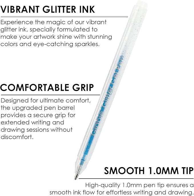 Grabie 42 Glitter Gel Pen Set, 18 Iridescent&24 Essential Color Pens, Smooth Rollerball Tip, Metallic Sparkly Gel Pens for Coloring (42 Colors Capped Glitter Gel Pens)