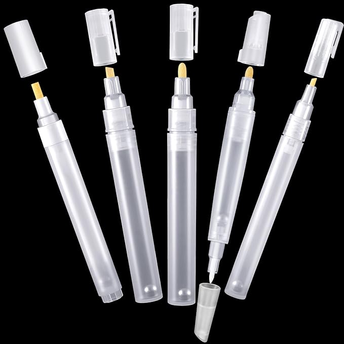 Set of 5 Empty Refill Paint Markers Blank Refillable Paint Pens Empty Refillable Marker for Painting, Transparent Pen Tube, Fill with Your Own Art Acrylic, Oil and Watercolor