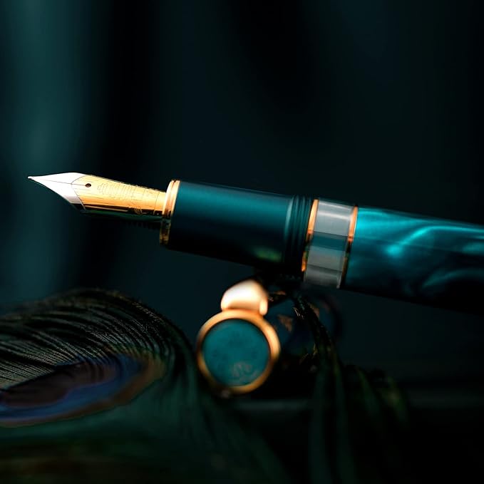 Hongdian N7 Blue Peacock Resin Piston Fountain Pen, Iridium Fine Nib Classic Pen, Smooth Writing Pen with Metal Box