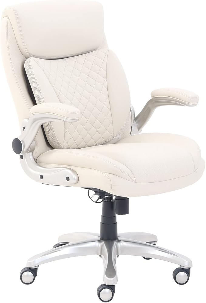 Amazon Basics Ergonomic Executive Office Desk Chair with Lumbar Support, Flip-up Armrests, Adjustable Height, Cream Leather