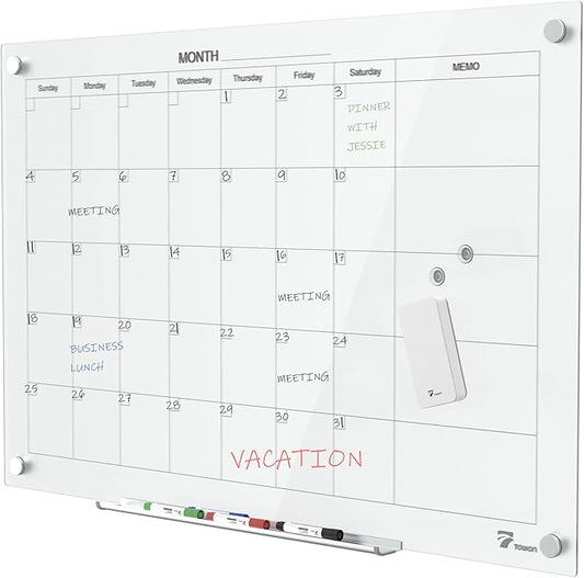 TOWON 47 x 35 Inch Glass Dry Erase Board, Magnetic Whiteboard Calendar, Monthly Planner Set, White