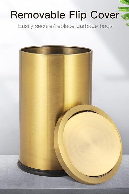 Stainless Steel Gold Trash can with Flipping Lid 2.4gallon Fingerprint-Proof Garbage cans Wastebasket Bin for Kitchen bothroom Living Room (Gold, 2.6 Gallon)