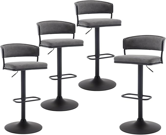 Adjustable Modern Bar Stools Set of 4 Faux Leather Barstools Swivel Counter Height Bar stools with Curved Back/Black Metal Base Comfy Upholstered Bar Chairs for Kitchen Island, Grey