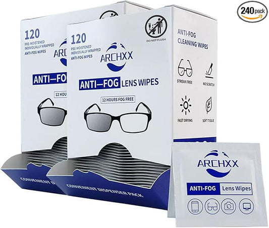 Anti Fog Wipes for Glasses, 240 Count,Pre-Moistened Cleaning Wipes, Lens Cleaner Wipe for Eyeglasses,Sunglasses,Goggles,Screen,Phone,Individually Wrapped Eye Glasses Cleaner