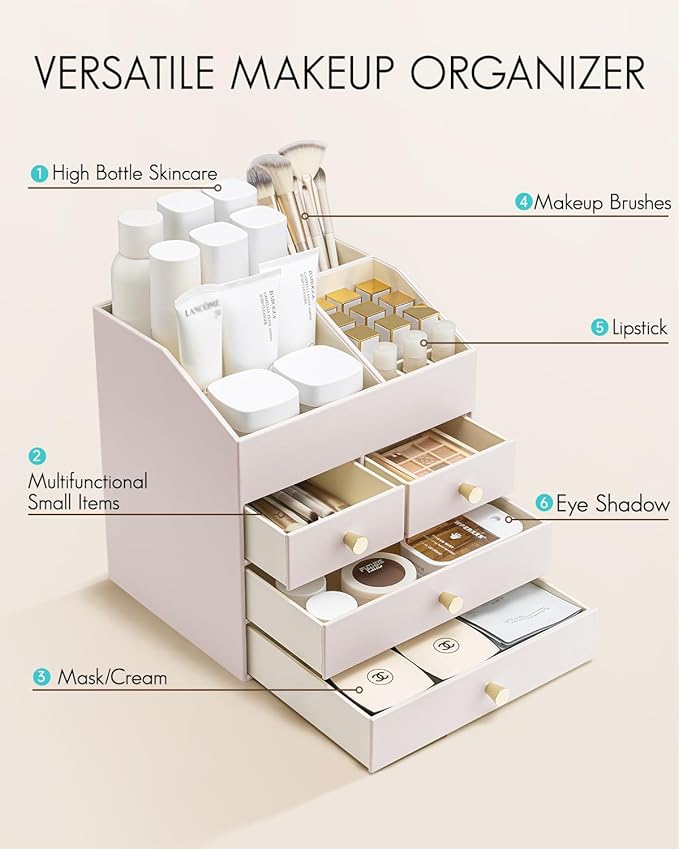 Vlando Makeup Organizer Countertop,Large Vanity Organizer PU Leather Make up Storage with 4 Drawers Skincare Organizer Cosmetic Display Case for Lipstick,Brushes-Apricot White