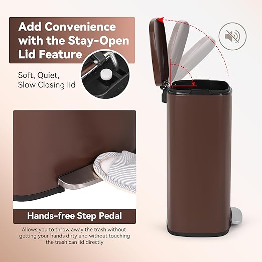 PayLessHere Stainless Steel Trash Can with Lid - Removable Inner Bucket, Foot Pedal Soft Close for Office, Home, Kitchen Garbage Bin (Brown, 13 G)