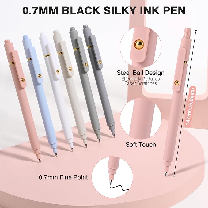 TINNIVI Gel Pens, 6 Pack 0.7mm Fine Point Black Ink Pens with 6 Refills, Quick Dry & No Smear, Smooth Writing Pens for Journaling, School, Office Supplies, Gifts for Women and Men