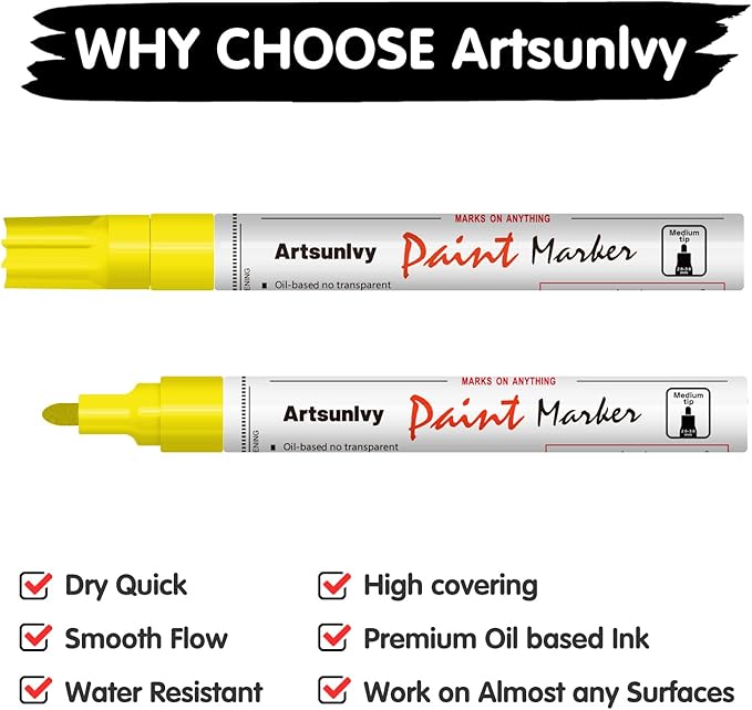 Yellow Paint Pens Permanent Markers - 2 Pack Oil Based Quick Dry Waterproof Markers for Tire, Rubber,Wood, Rocks, Metal, Canvas, Plastic, Dark Surface,Craft Art Supplies,Medium Point