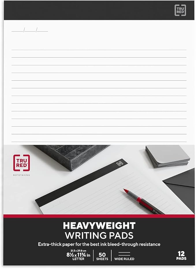 TRU RED Staples Notepads, 8.5-inch x 11.75-inch, Wide Ruled, White, 50 Sheets/Pad, 12 Pads/Pack (TR57382)