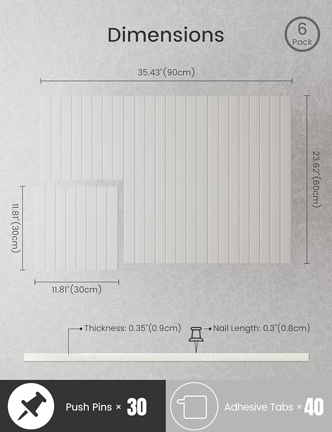 Bumusty Large Cork Board Alternative-36 x24 Felt Bulletin Board Tiles, with 30 Pushpins, 40 Adhesive Tabs, 6-Pack Slat Wall Paneling, Cork Boards for Office Push Pin Board Felt Board-Milky White