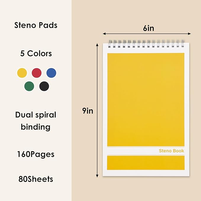 LABUK 15 Pack Steno Pads 6x9 Inches 80 Sheets Spiral Steno Notebooks Gregg Rule, Pocket Notebooks Colorful Covers with Top Spiral Pads for School, University, College, Work, Office
